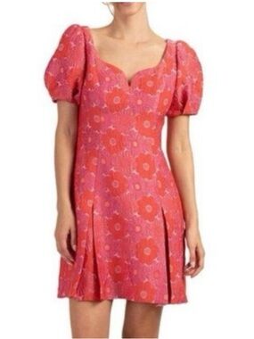 Trina Turk Coral Pink Floral Puff-Sleeve Mini Dress